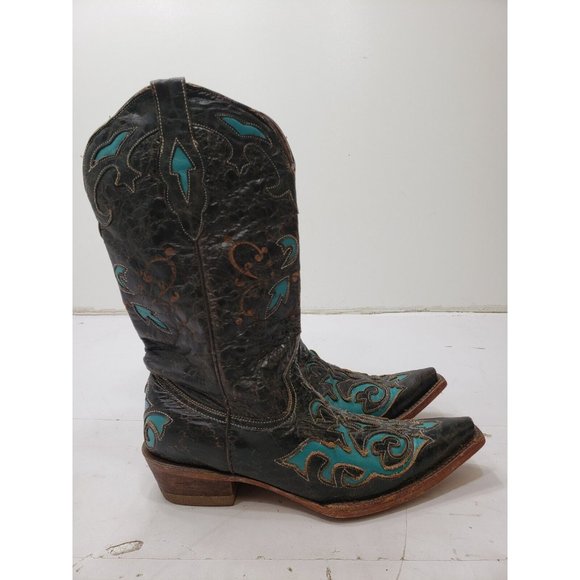 Pecos Bill Womens Boots Cowgirl Snip Toe Leather Brown Turquoise Inlay 7.5 B - Picture 2 of 10
